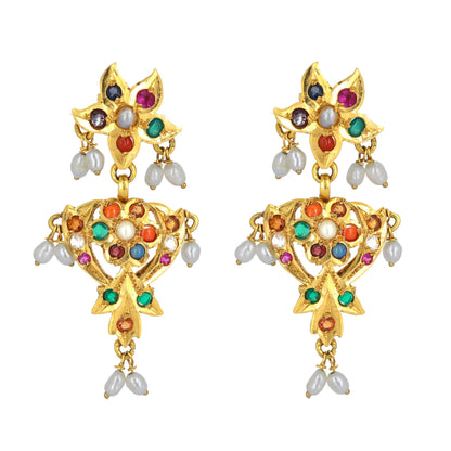 Navratan Antique Yellow Earring 22K Gold