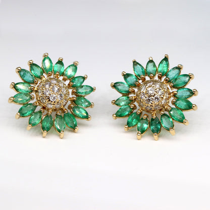 Sun Flower Design Emerald Stud Earring 14K Gold