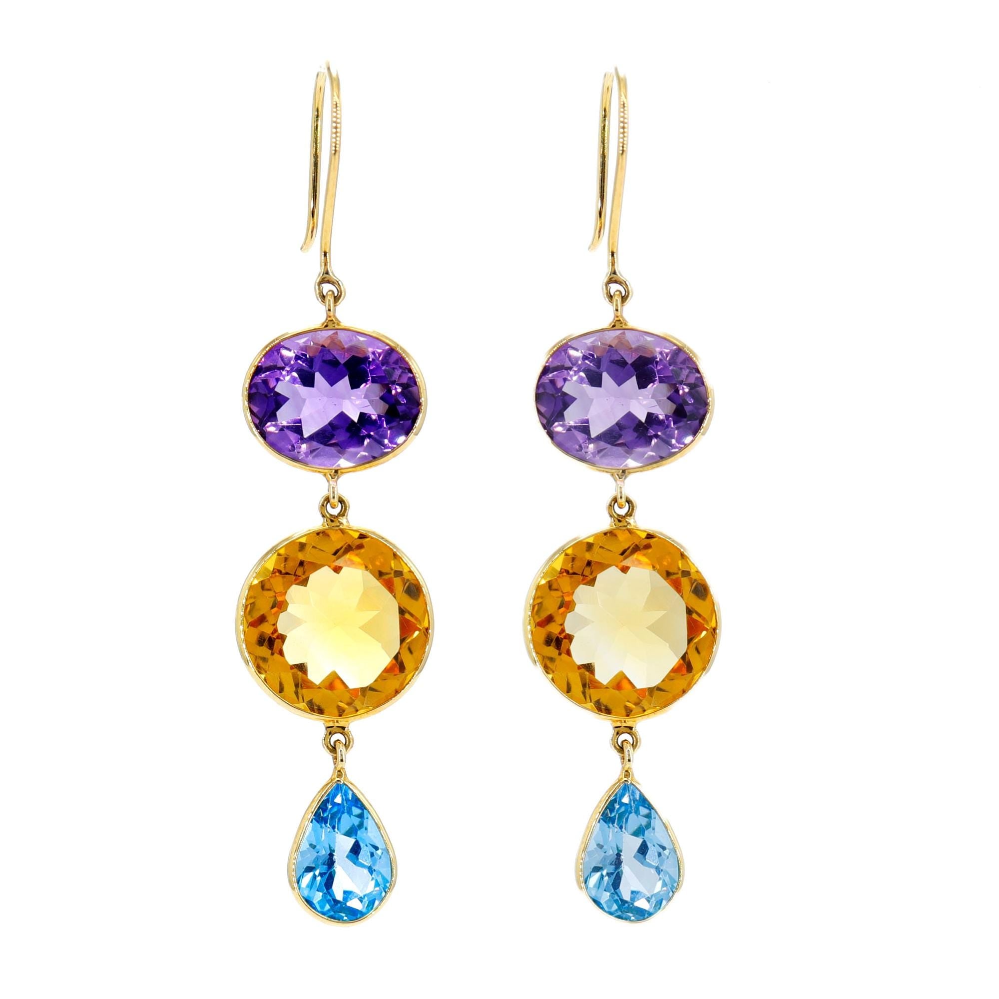 Yellow Handmade Citrine Blue Topaz Amethyst Hanging Earring 18K Gold