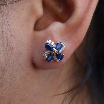 Yellow Studded Pear Cut Blue Sapphire Studs Top Quality Round Earring 14K Gold