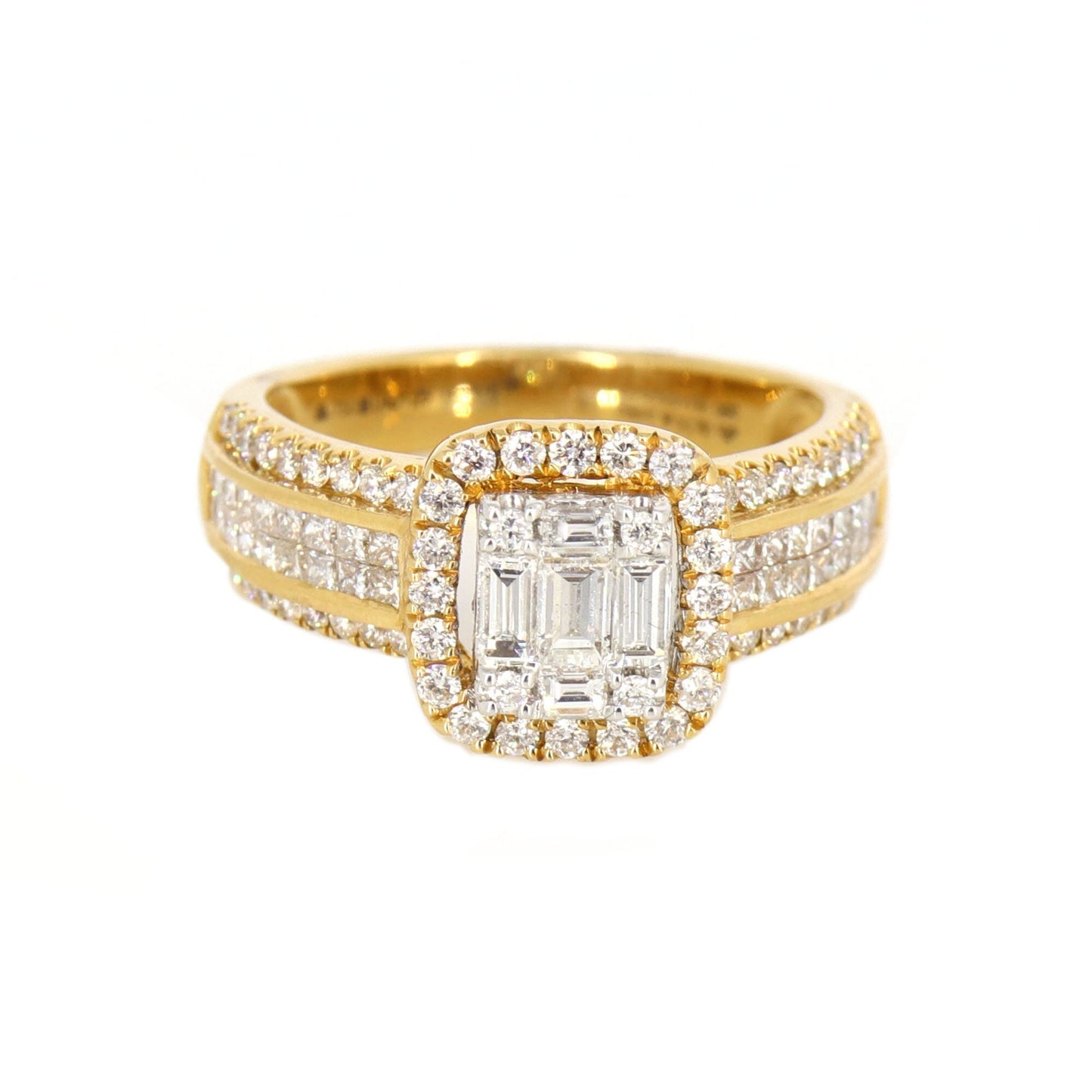 Estate Yellow 1.25 Princess Cut Baguette Cut Round Cut Invisible W/ Dual Halo Pave & Channel Sides Ring 18K Gold