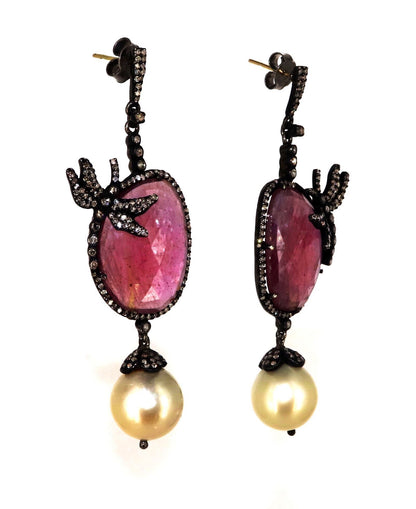 Pink Sapphire Stone Design Pave Genuine Rosecut Earring