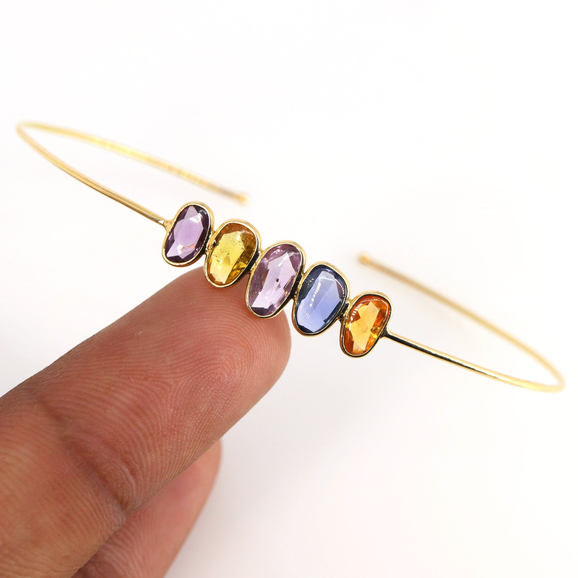 Beautiful Flexible Bangle Multi Sapphire Fine Jewelery Open Cuff Bangle Anniversary Multi Sapphire Rose Cut 18K Gold