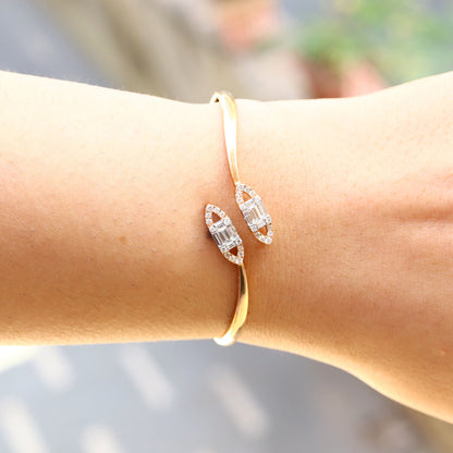 Rose Open Cuff Illusion Bezel Thin Stackable Bangle Cuff Bracelet 18K Gold