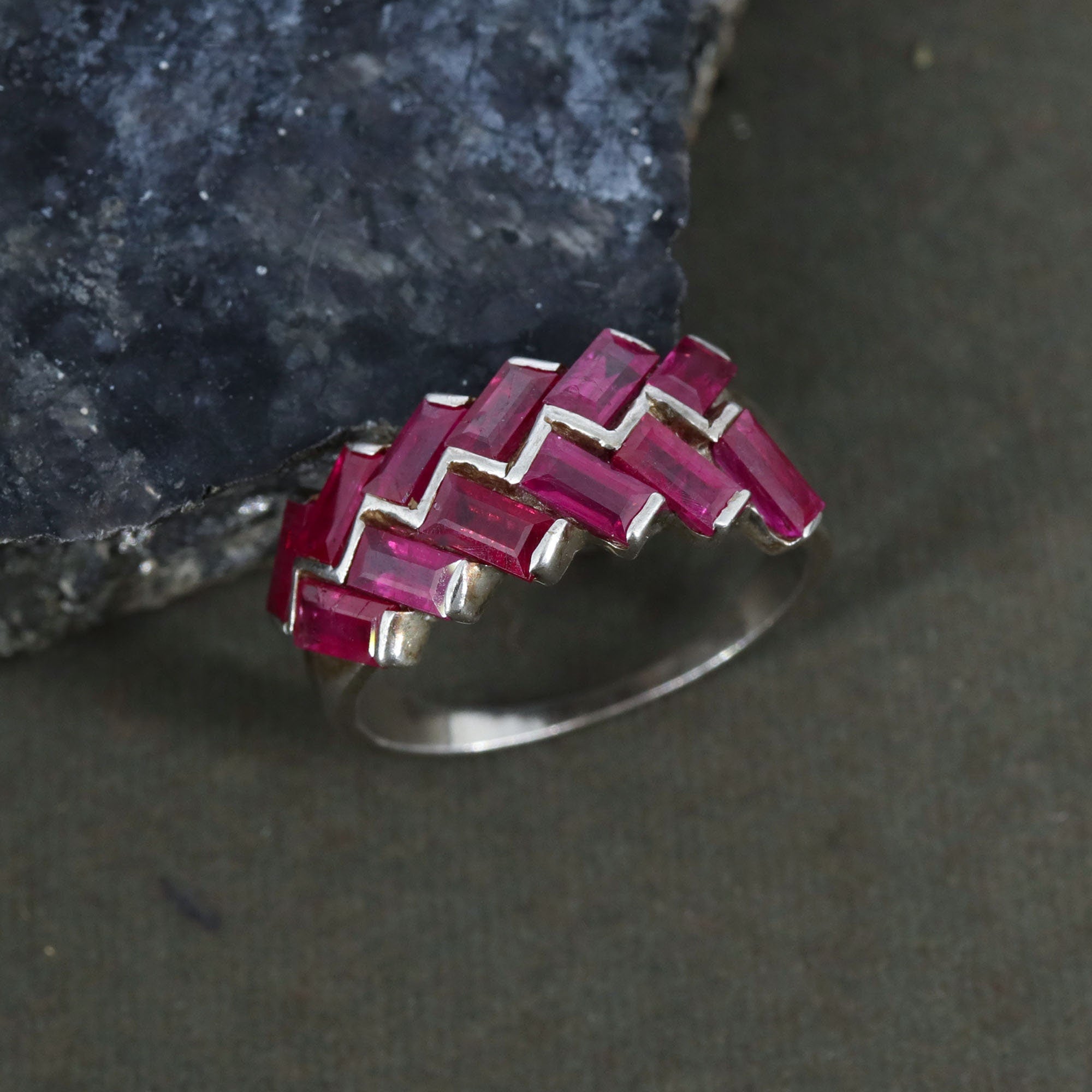 Baguette Cut Ruby Gemstone Ring Silver