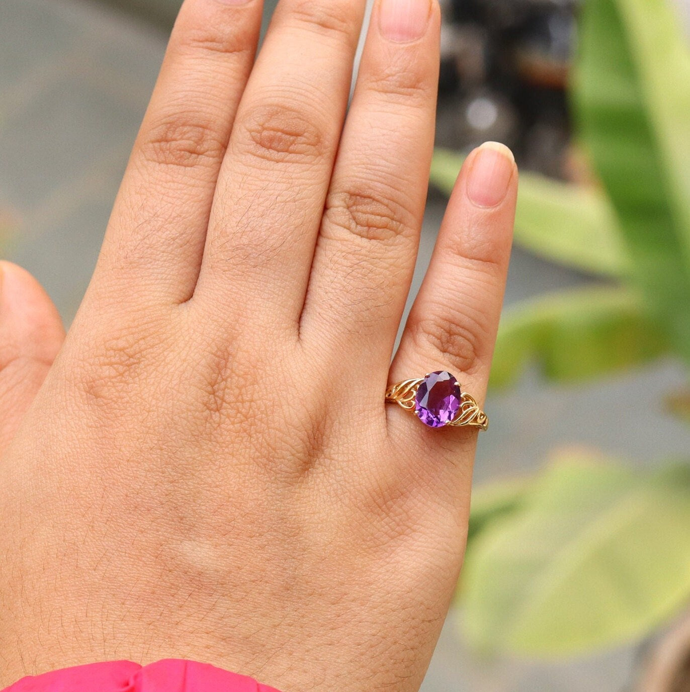 Detailed Genuine Amethyst Ring 14K Gold