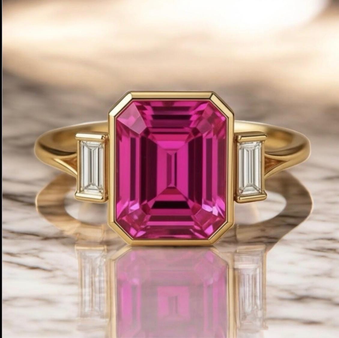 Emerald Cut Pink Sapphire Ring 14K Gold