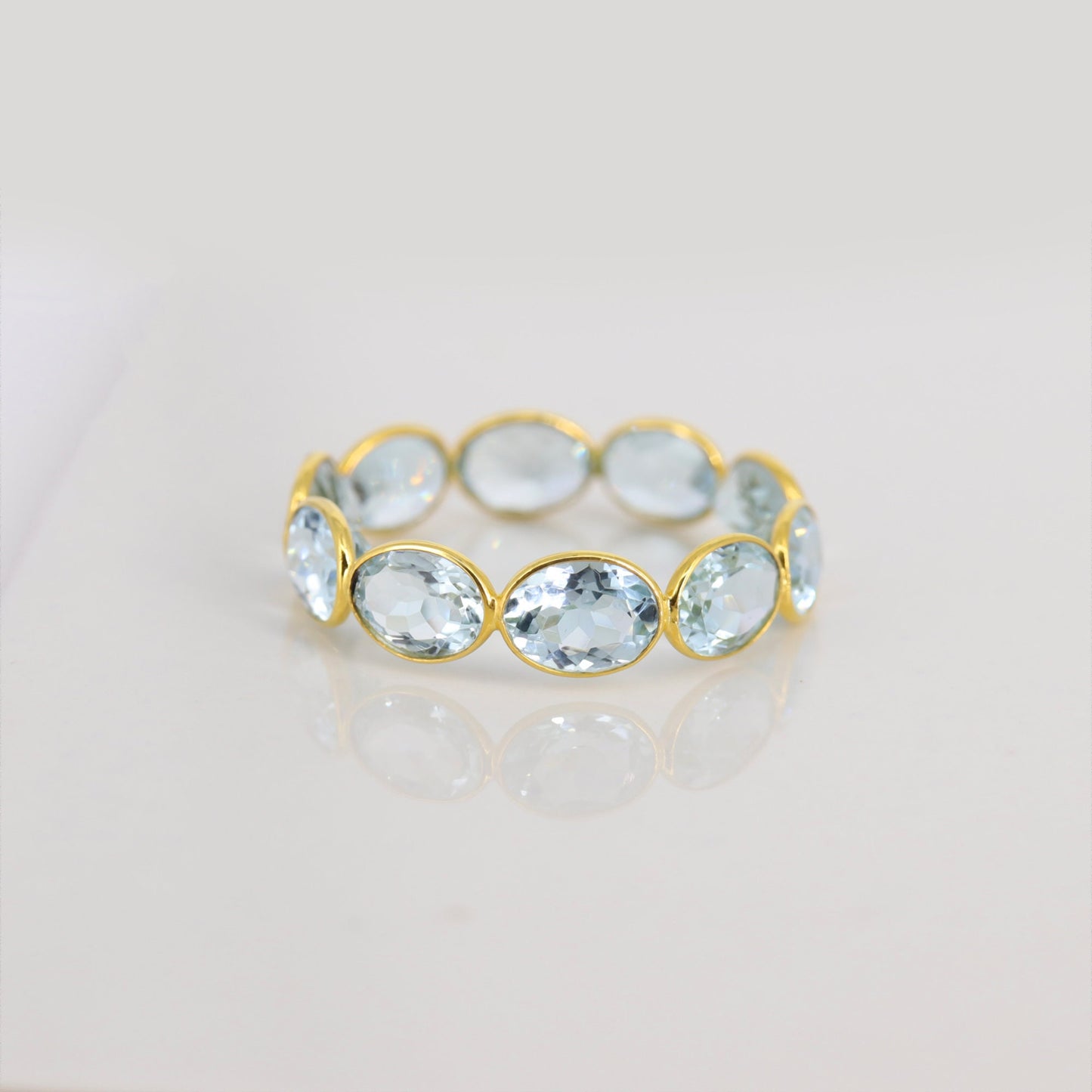 Aquamarine Stone Full Eternity Bezel Wedding Band Yellow Stackable Band Matching Band / Him 18K Gold