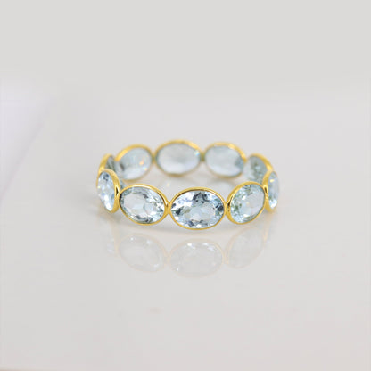 Aquamarine Stone Full Eternity Bezel Wedding Band Yellow Stackable Band Matching Band / Him 18K Gold