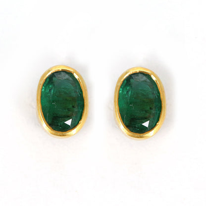 Yellow Studs Green Emerald Earring 14K Gold
