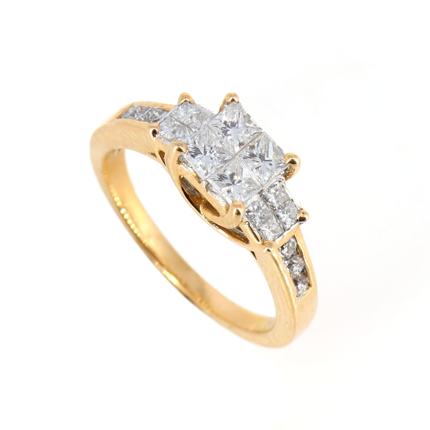 Estate Rose 0.96 Princess Cut Invisible Illusion Round Cut Channel 3 Stones Ring 18K Gold