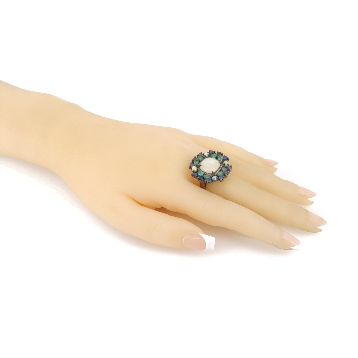 Opal Emerald Blue Sapphire Pave Handmade Statement Ring Silver