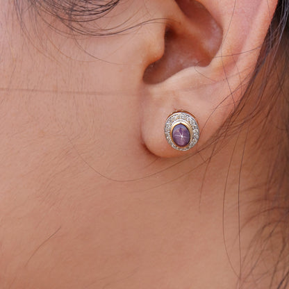 Star Ruby Studs Yellow Studded Real Certified Genuine Ruby Cabochon Solitaire Earring 14K Gold