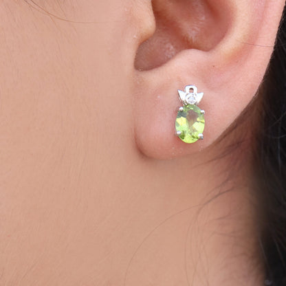 White Dainty Studs Peridot Birthday Oval Cut Peridot Green Gemstone Earring 14K Gold