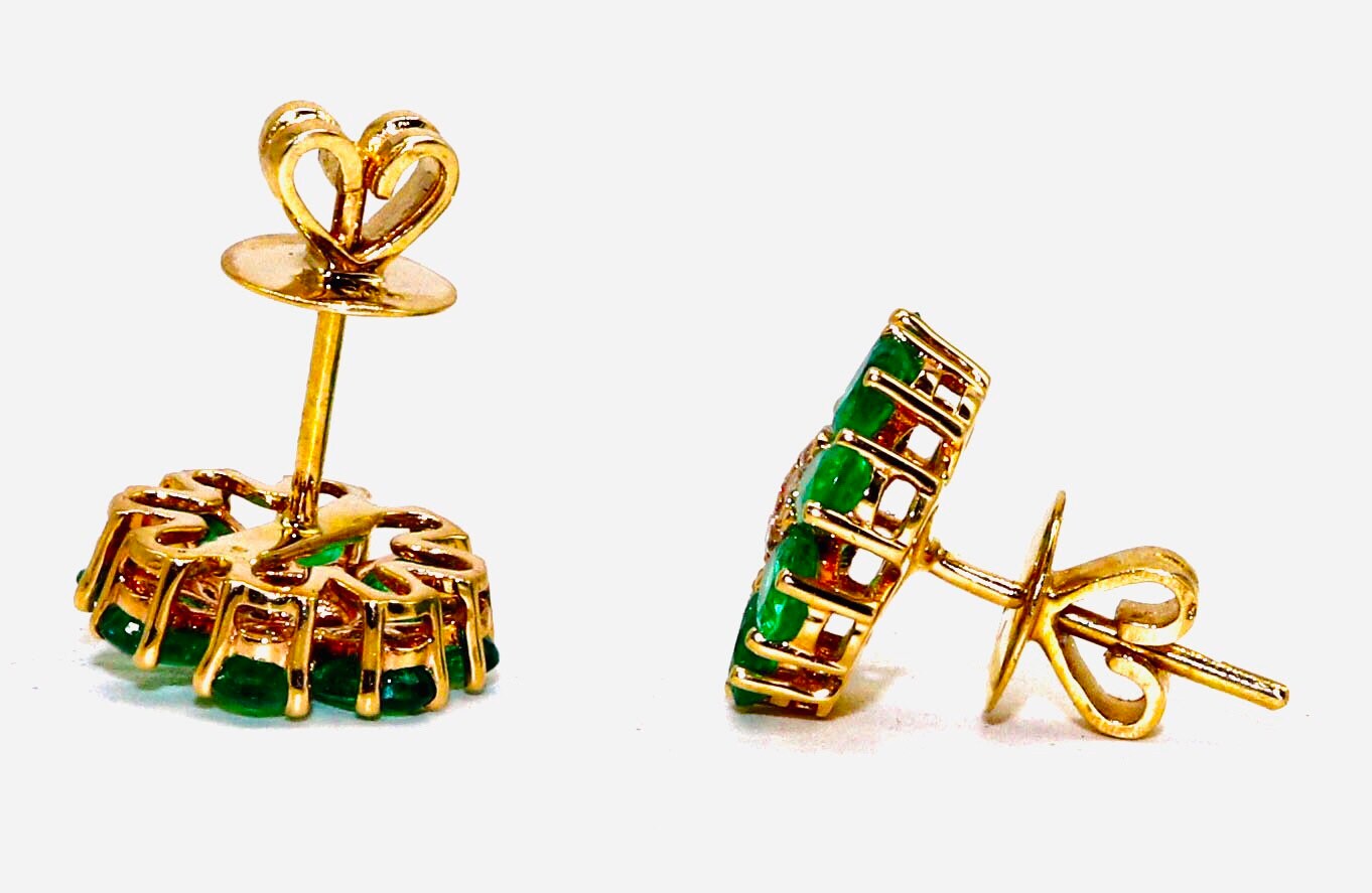 Yellow/White Handmade Emerald/Blue Sapphire Studs Earring 14K Gold