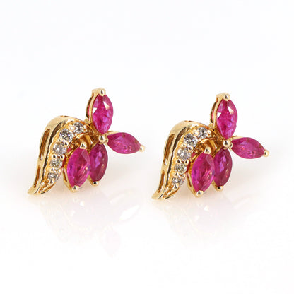 Flower Design Ruby Earring 14K Gold
