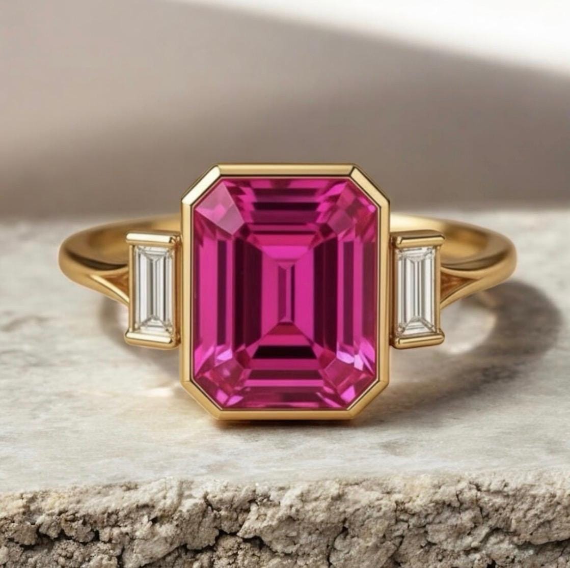 Emerald Cut Pink Sapphire Ring 14K Gold