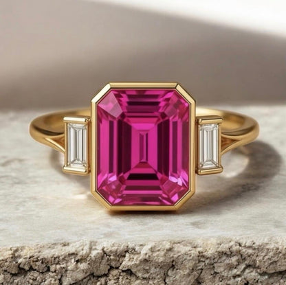 Emerald Cut Pink Sapphire Ring 14K Gold