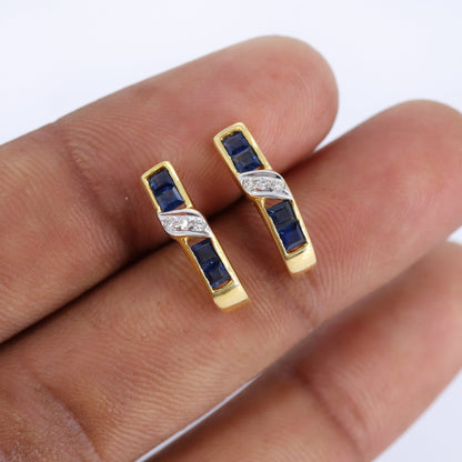 Yellow Studded Blue Sapphire Studs Princess Cut Round Earring 14K Gold