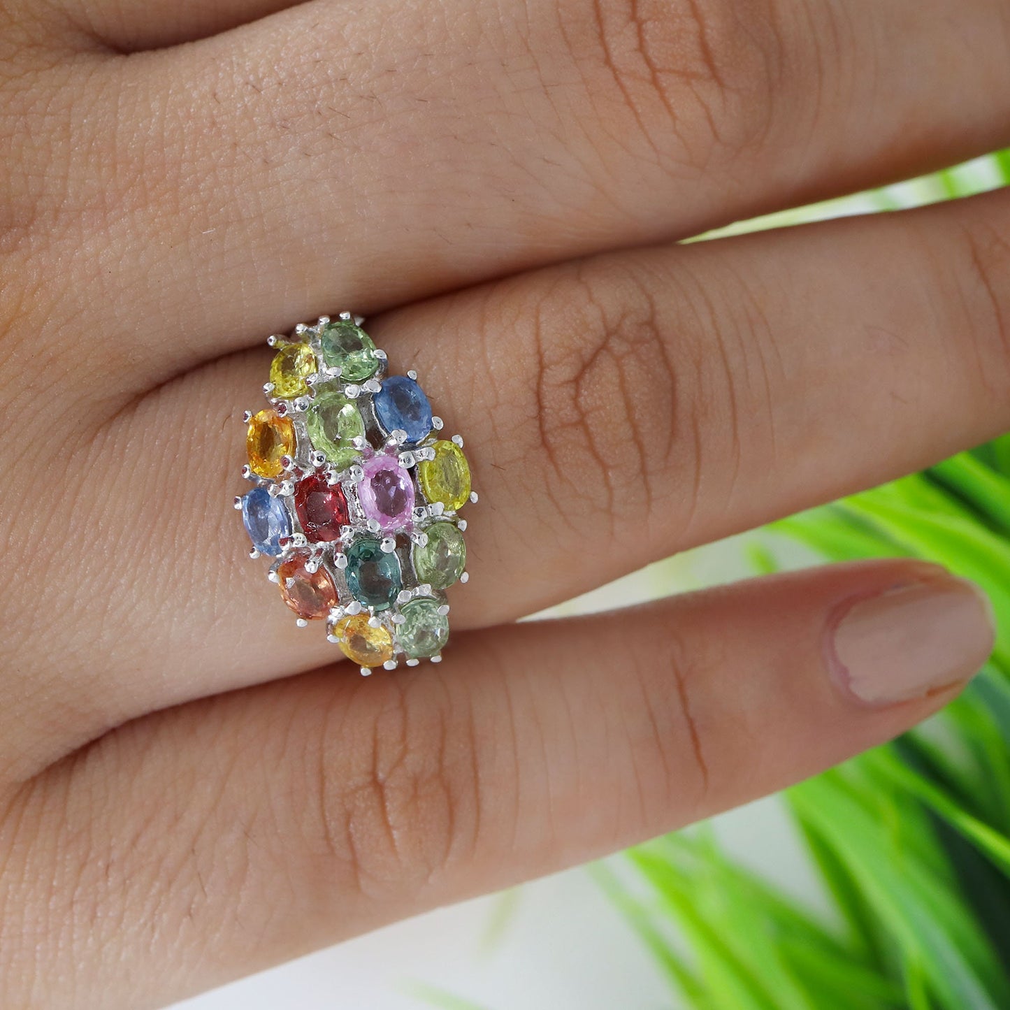 Oval Cut Multi Sapphire Gemstone 925 Sterling Elegant Ring Silver