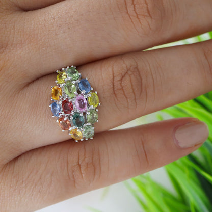 Oval Cut Multi Sapphire Gemstone 925 Sterling Elegant Ring Silver