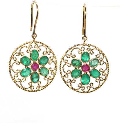 Yellow Handmade Emerald Ruby Hanging Earring 18K Gold