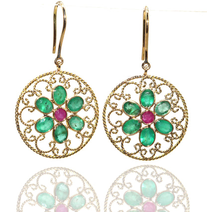 Yellow Handmade Emerald Ruby Hanging Earring 18K Gold