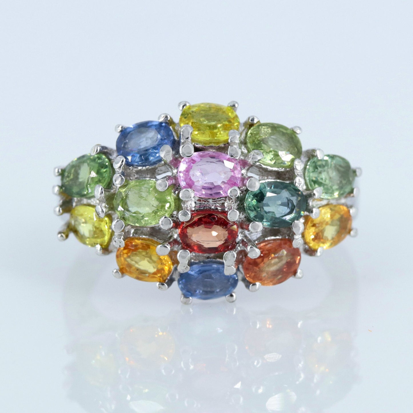 Oval Cut Multi Sapphire Gemstone 925 Sterling Elegant Ring Silver