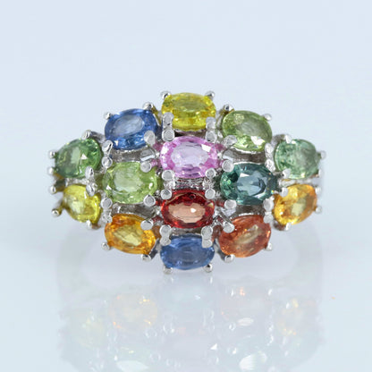 Oval Cut Multi Sapphire Gemstone 925 Sterling Elegant Ring Silver