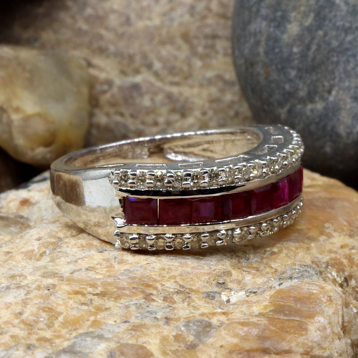 Triple Line Band Ruby Band 925 Sterling White Rhodium Plated Band Ring Silver