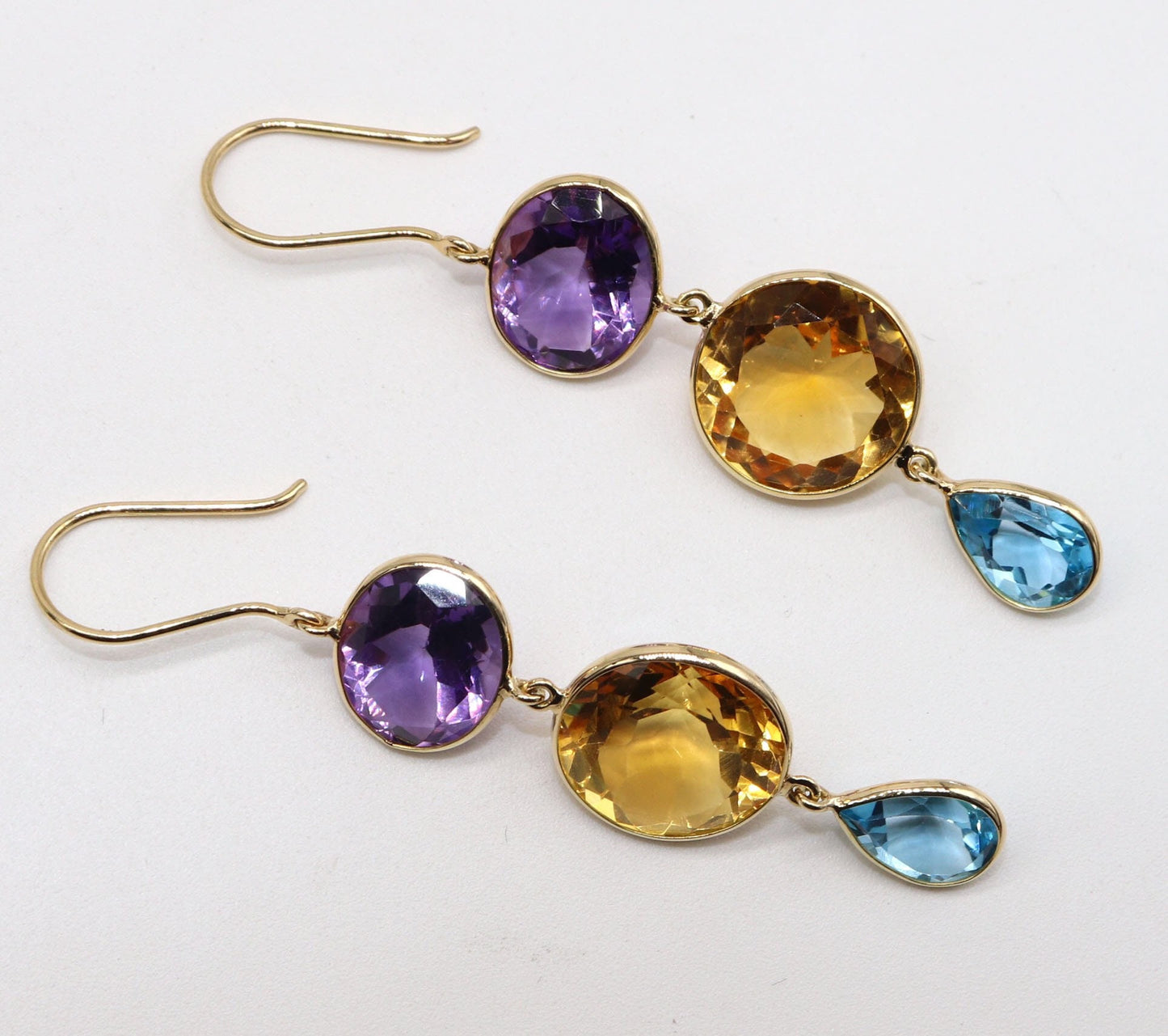 Yellow Handmade Citrine Blue Topaz Amethyst Hanging Earring 18K Gold