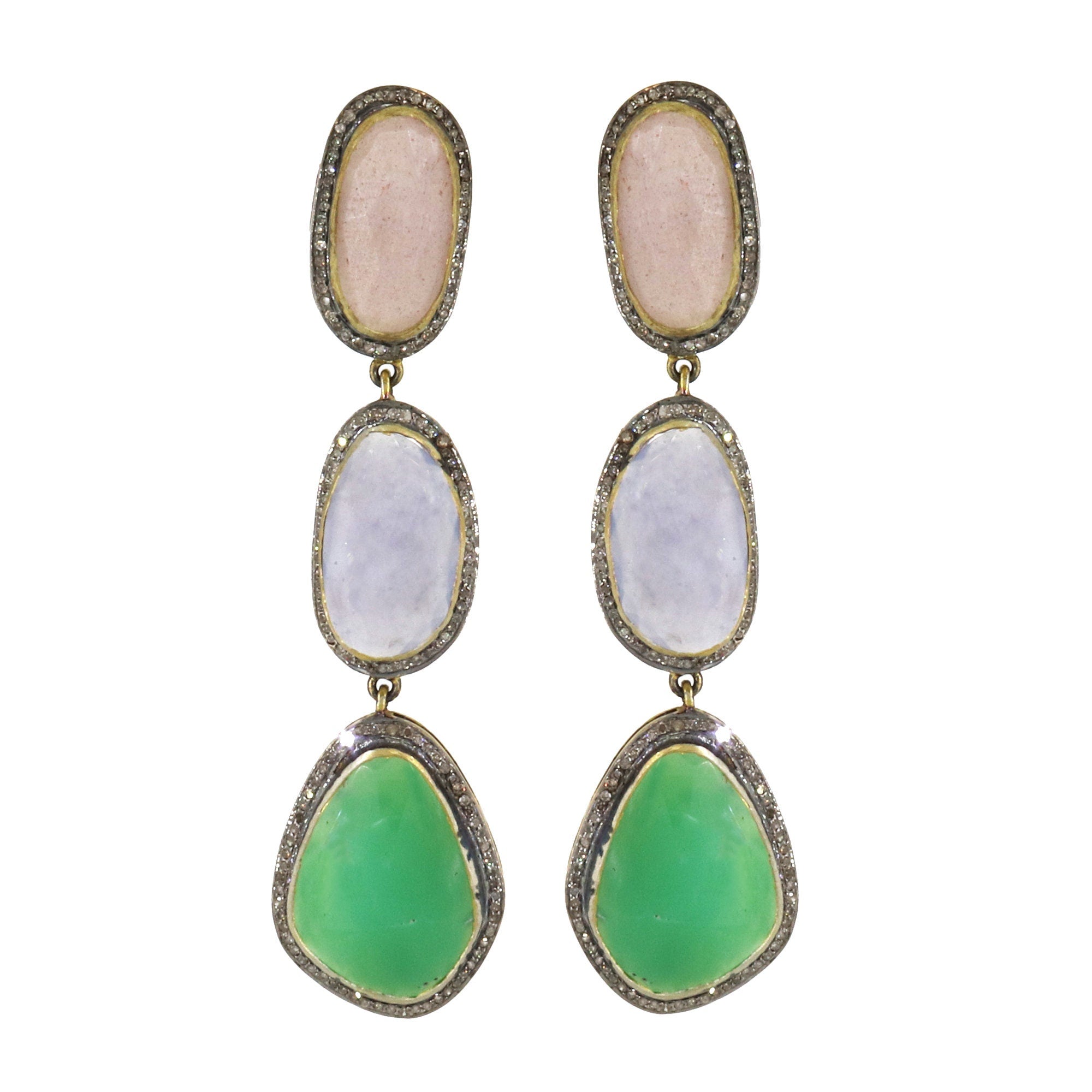 Pink Moonstone Blue Agate Chrysoprase Dangles Earring