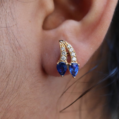 Yellow Studded Pear Cut Blue Sapphire Studs Top Quality Round Earring 14K Gold