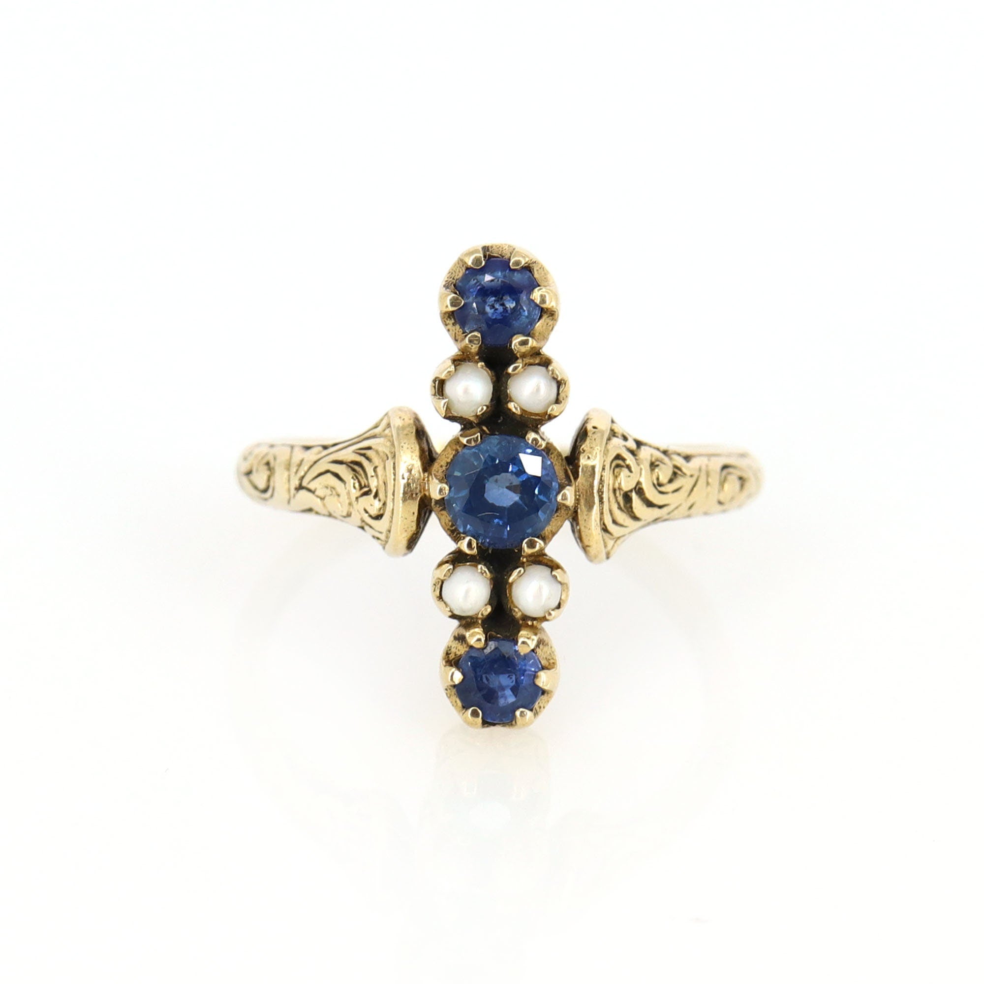 Antique Georgian 9K Yellow Baroque Pearl Sapphire Ring Gold