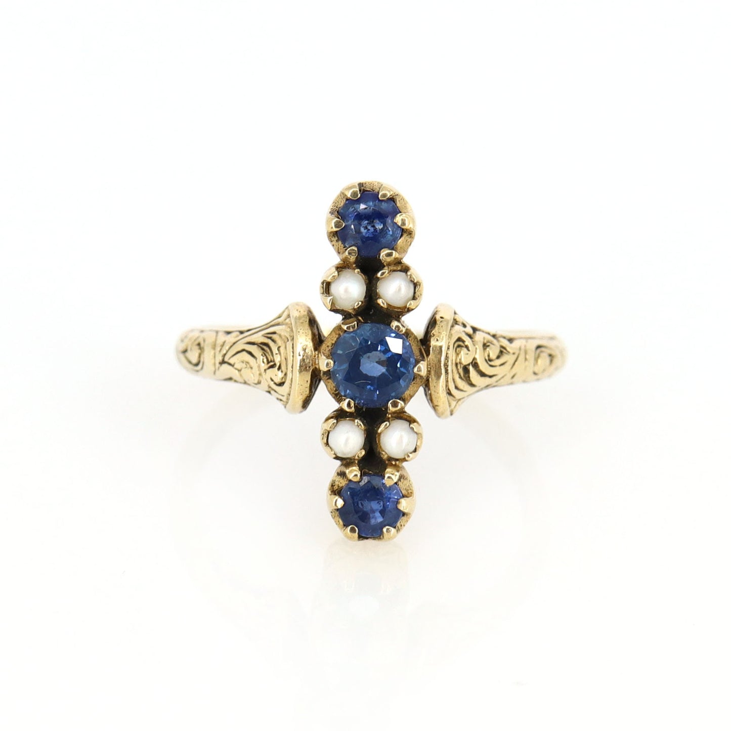 Antique Georgian 9K Yellow Baroque Pearl Sapphire Ring Gold