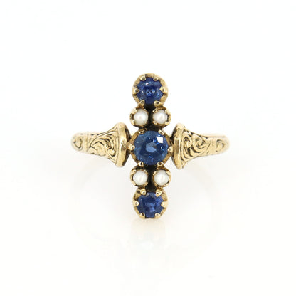 Antique Georgian 9K Yellow Baroque Pearl Sapphire Ring Gold
