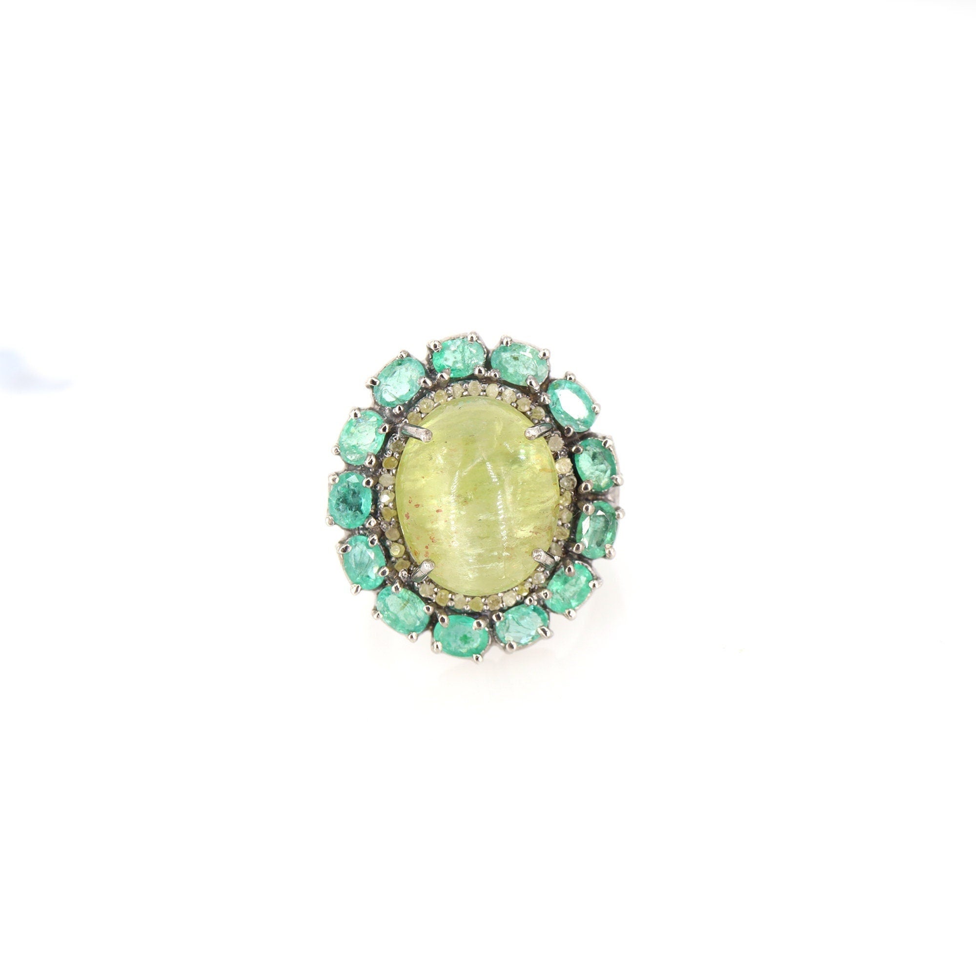 Genuine Emerald Cat'S Eye Pave Studded Victorian Ring Silver