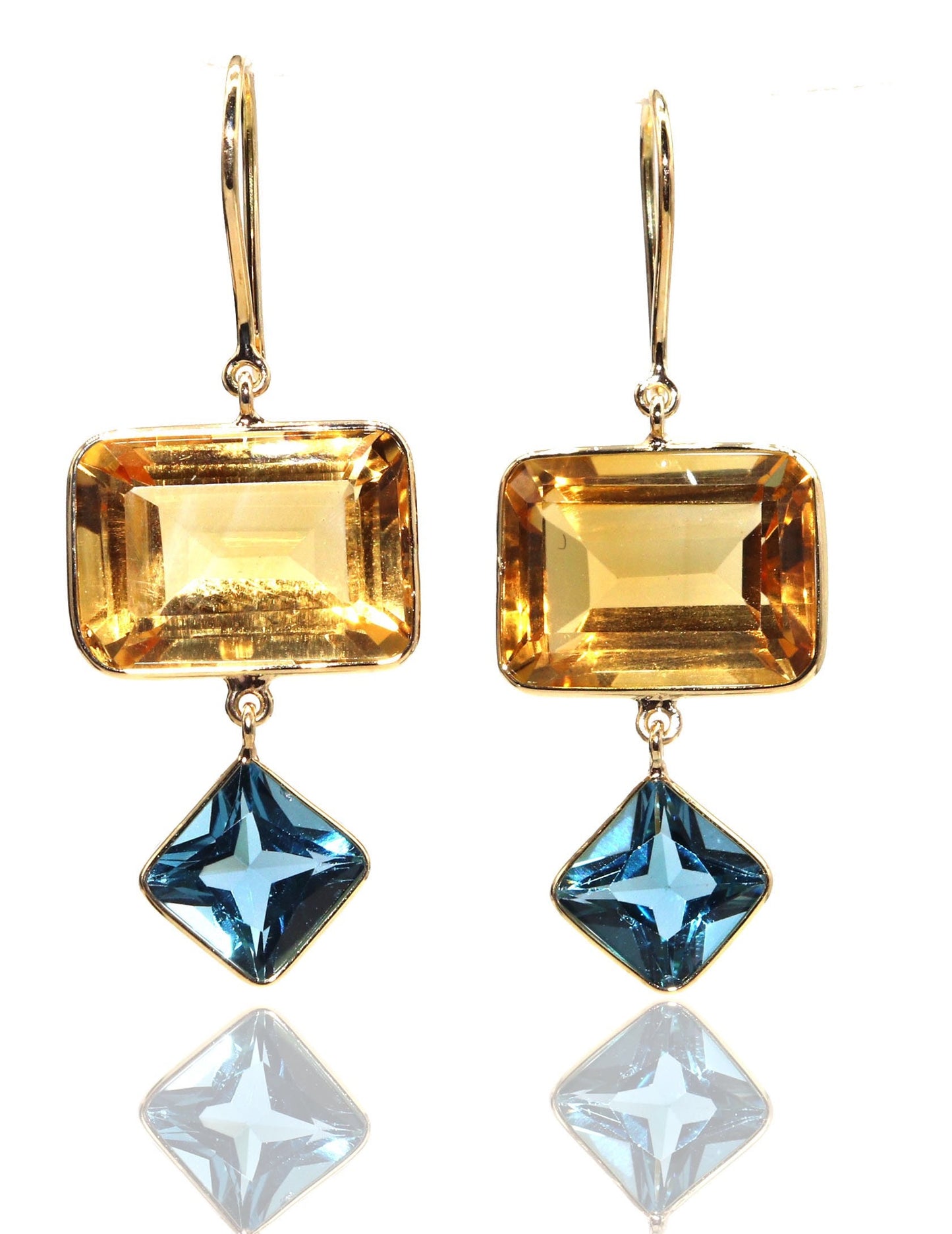 Yellow Handmade Blue Topaz Citrine Hanging Earring 18K Gold