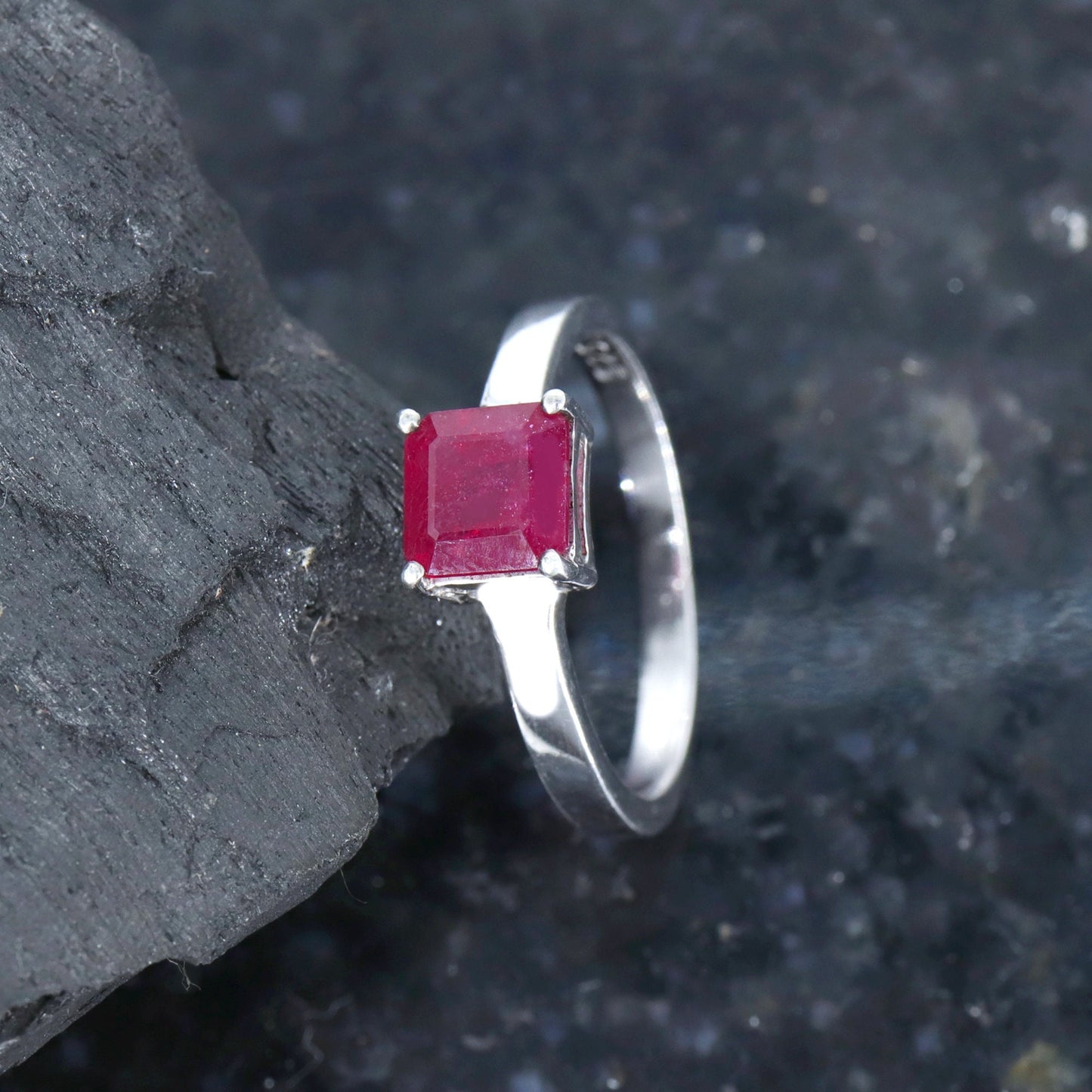 Octagon Cut Ruby Ring Silver
