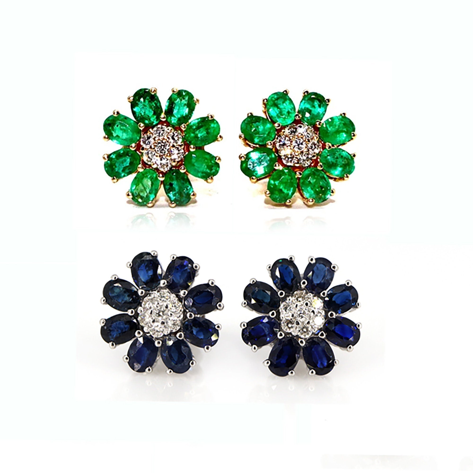 Yellow/White Handmade Emerald/Blue Sapphire Studs Earring 14K Gold
