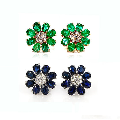 Yellow/White Handmade Emerald/Blue Sapphire Studs Earring 14K Gold