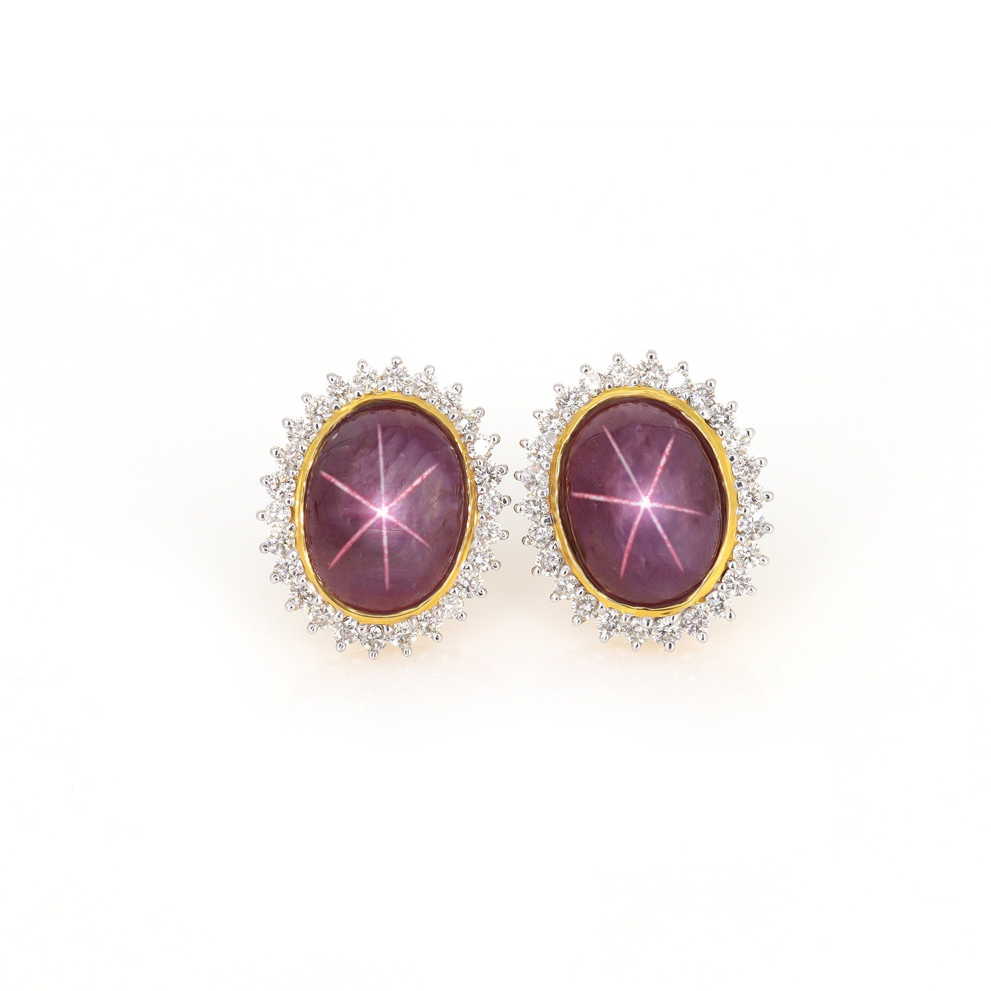 Big Size Star Ruby Studs Yellow Cluster Earring 18K Gold