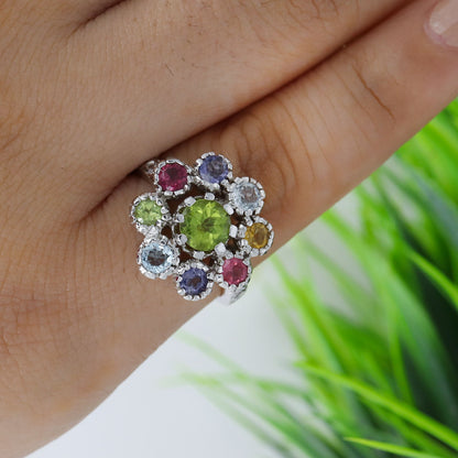 925 Sterling Multi Gemstone Ring Silver