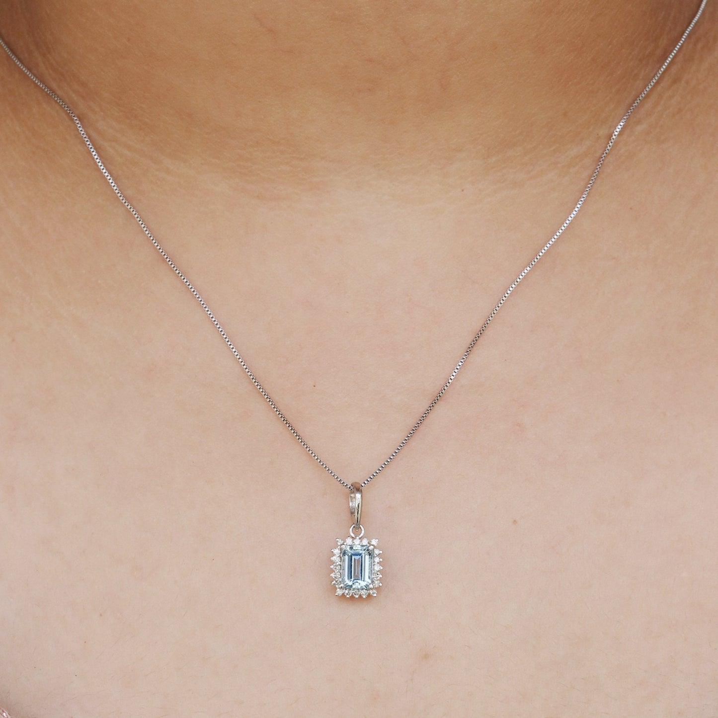 White Aquamarine Halo Pendant 14K Gold