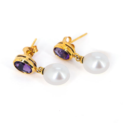 Amethyst Pearl Drop Earring Gold