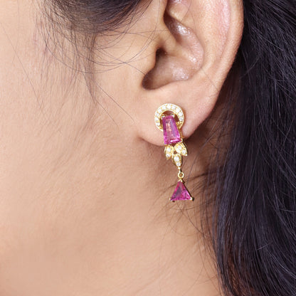 Triangle Tapered Baguette Cut Rubellite Tourmaline Earring 18K Gold
