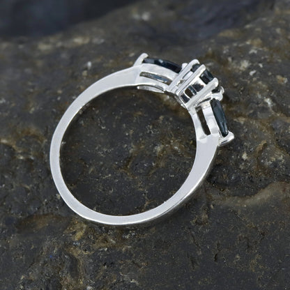 Round & Marquise Cut Gemstone Genuine Blue Sapphire Ring Silver