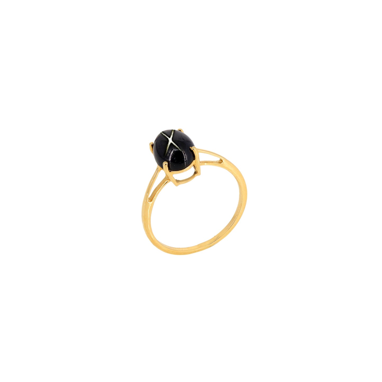 Yellow Oval Shaped Cabochon Black Star Or Star India Semi Precious Gemstone Ring 14K Gold