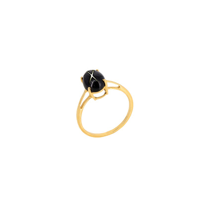 Yellow Oval Shaped Cabochon Black Star Or Star India Semi Precious Gemstone Ring 14K Gold