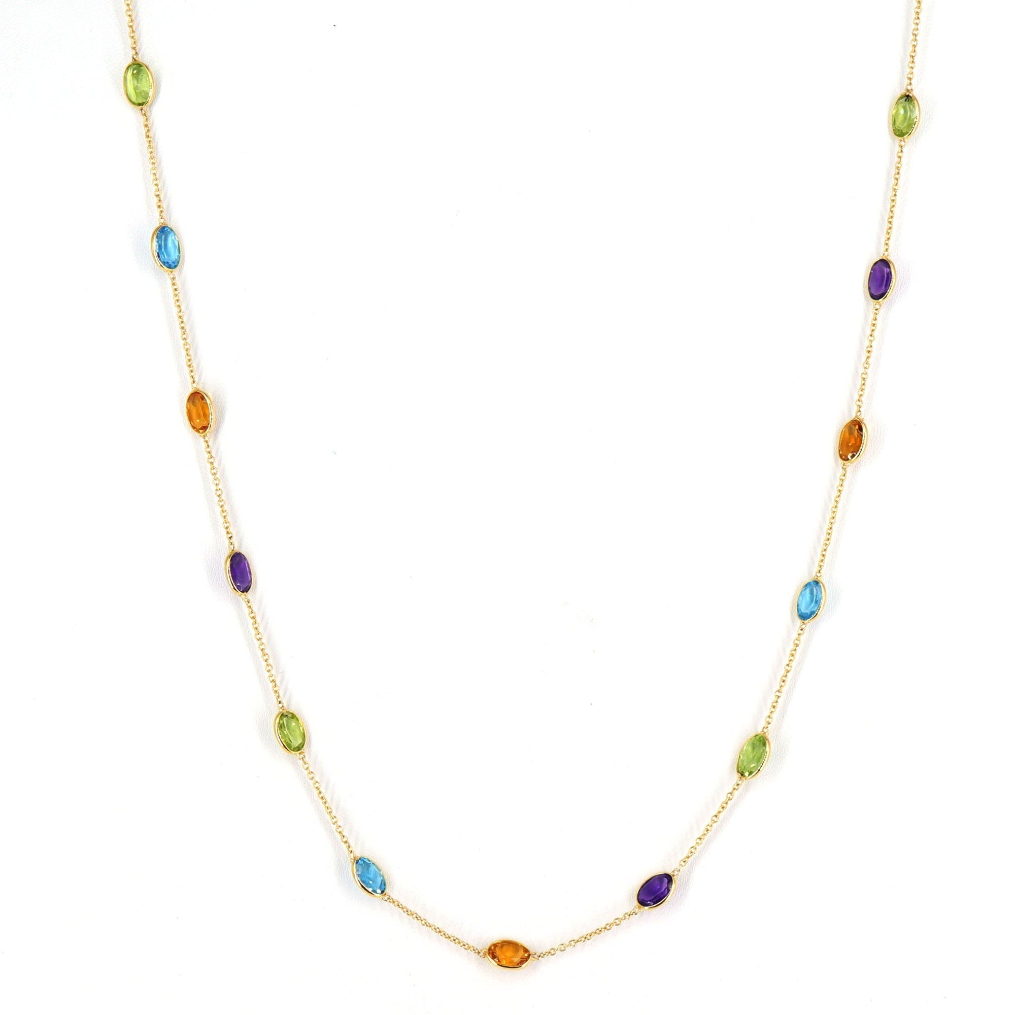 Yellow Chain Necklase Bezel Amethyst Citrin Blue Topaz Peridot Gem Stones. Multi Colour Chain Chain 18”. 18K Gold